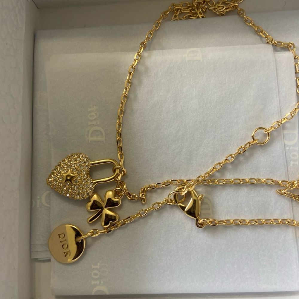 Gold Necklace with Heart and Clover Charms - Picture 2 of 6